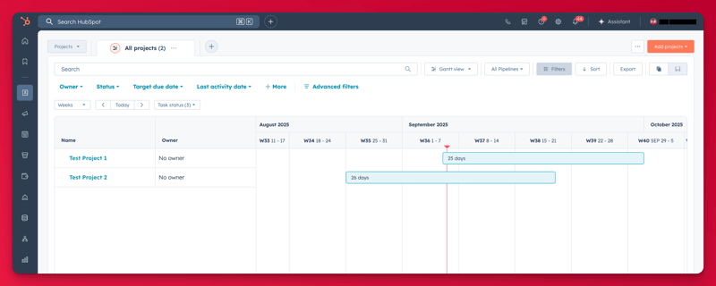 Screenshot of HubSpot’s Project object Gantt chart view showing two sample projects displayed on a timeline across August and September 2025, with draggable bars representing project durations.
